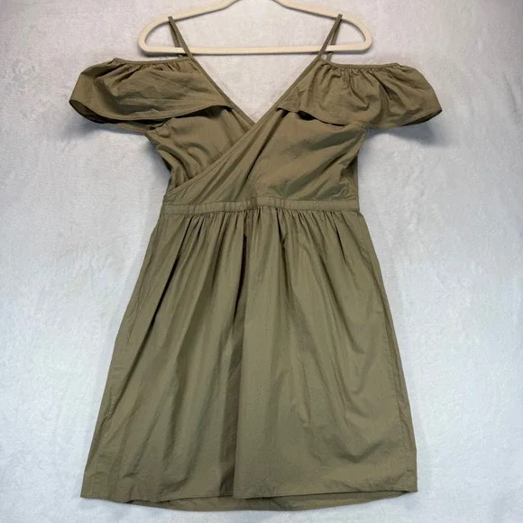Madewell Cotton Dress Off Shoulder Khaki Green Casual Mini Dress Size 6